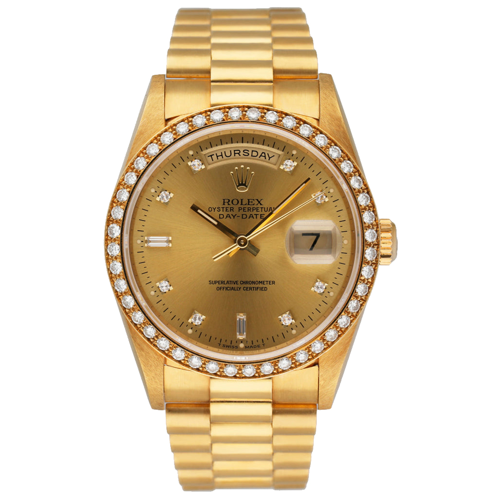 Rolex Champagne 18K Yellow Gold Diamond Day Date 18348 Men's Wristwatch
Rolex Champagne 18K Yellow Gold Diamond Day Date 18348 Men's Wristwatch