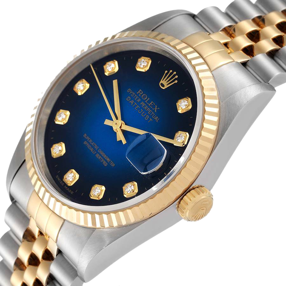 Rolex Blue 18K Yellow Gold Diamond Stainless Steel Datejust 16233 Men's Wristwatch
Rolex Blue 18K Yellow Gold Diamond Stainless Steel Datejust 16233 Men's Wristwatch