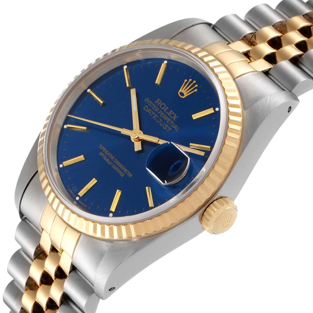 Rolex Blue 18K Yellow Gold And Stainless Steel Datejust 16233 Men's Wristwatch 36 MM
Rolex Blue 18K Yellow Gold And Stainless Steel Datejust 16233 Men's Wristwatch 36 MM