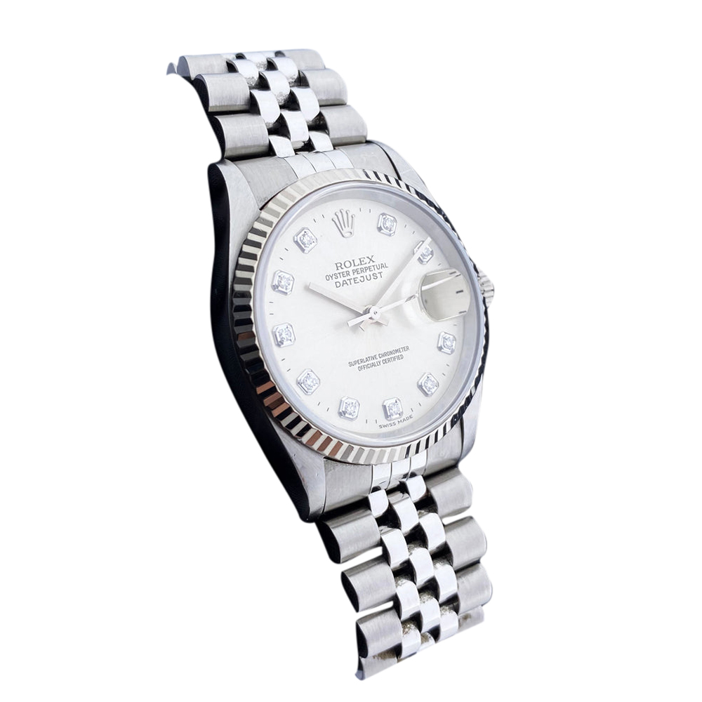 Rolex Silver Diamond 18K White Gold and Stainless Steel Datejust 16234 Men's Wristwatch 36 mm
Rolex Silver Diamond 18K White Gold and Stainless Steel Datejust 16234 Men's Wristwatch 36 mm