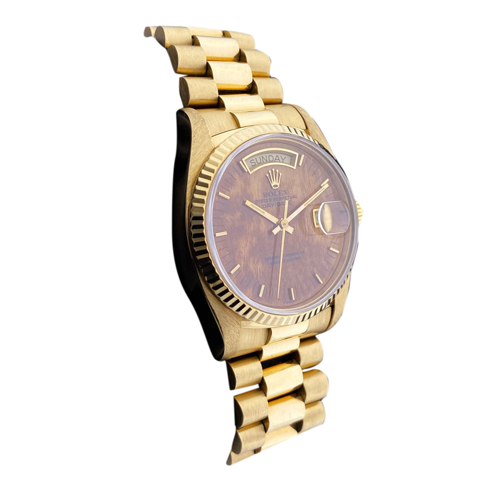Rolex Wood Dial 18K Yellow Gold Day-Date 18038 Men's Wristwatch 36 mm, Brown
Rolex Wood Dial 18K Yellow Gold Day-Date 18038 Men's Wristwatch 36 mm, Brown