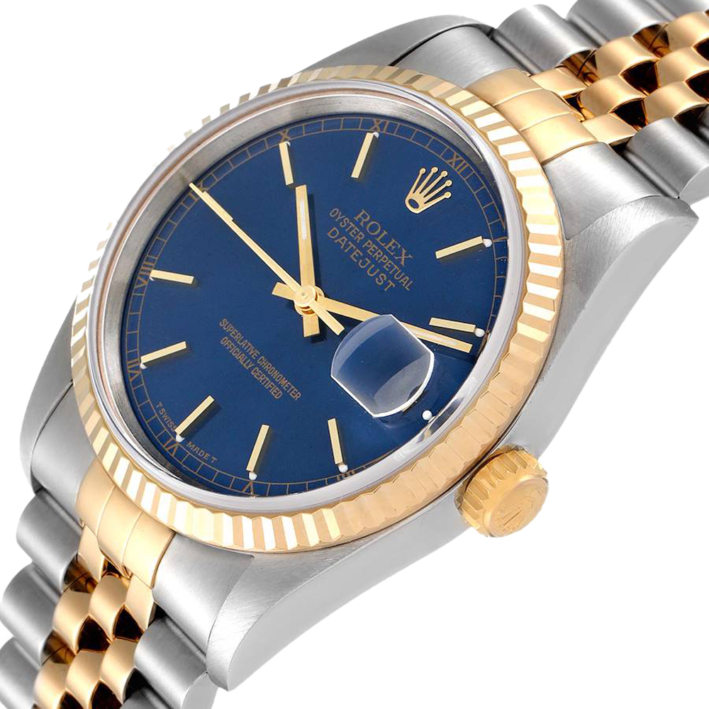 Rolex Blue 18K Yellow Gold And Stainless Steel Datejust 16233 Men's Wristwatch 36 MM
Rolex Blue 18K Yellow Gold And Stainless Steel Datejust 16233 Men's Wristwatch 36 MM