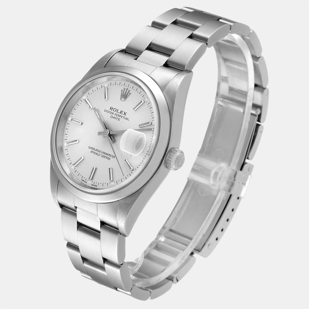 Rolex Silver Stainless Steel Oyster Perpetual Date Automatic 15200 Men's Wristwatch 34 Mm