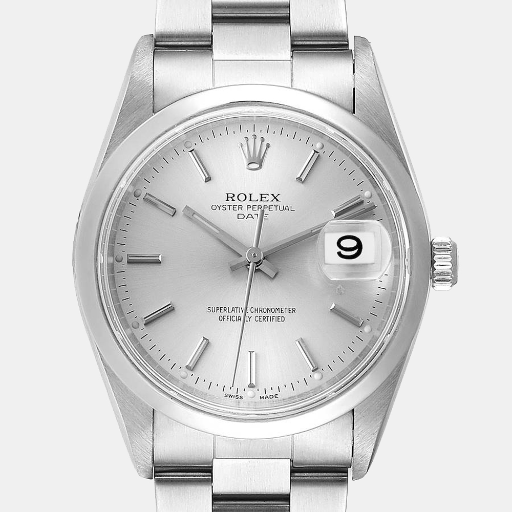 Rolex Silver Stainless Steel Oyster Perpetual Date Automatic 15200 Men's Wristwatch 34 Mm