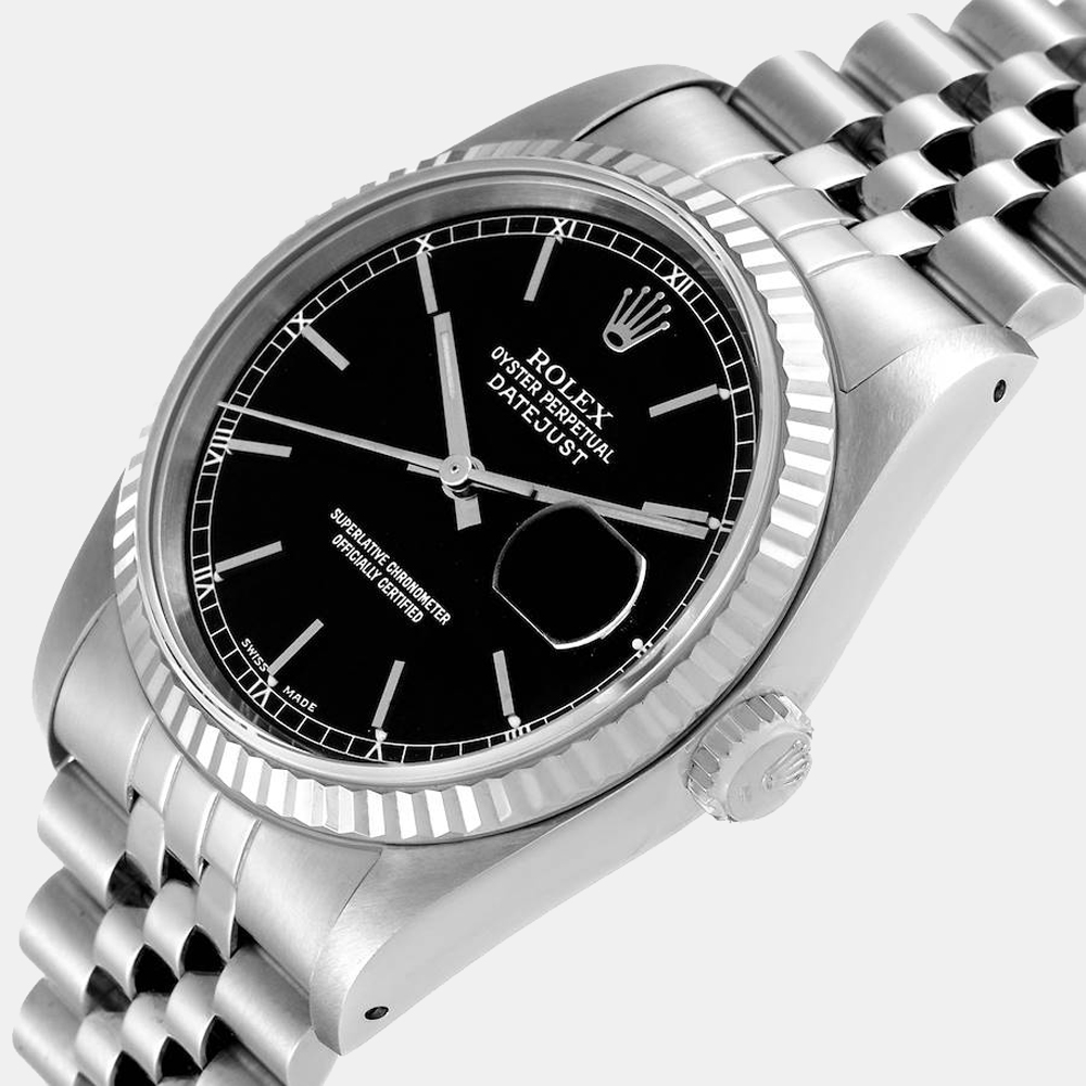 Rolex Black 18k White Gold And Stainless Steel Datejust 16234 Automatic Men's Wristwatch 36 mm
Rolex Black 18k White Gold And Stainless Steel Datejust 16234 Automatic Men's Wristwatch 36 mm