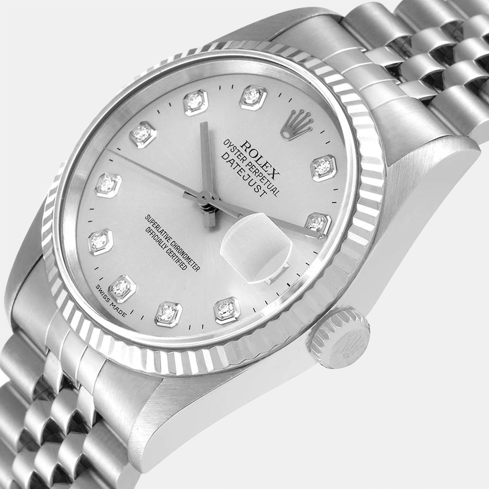 Rolex Silver Diamonds Stainless Steel Datejust 16234 Men's Wristwatch 36 mm
Rolex Silver Diamonds Stainless Steel Datejust 16234 Men's Wristwatch 36 mm