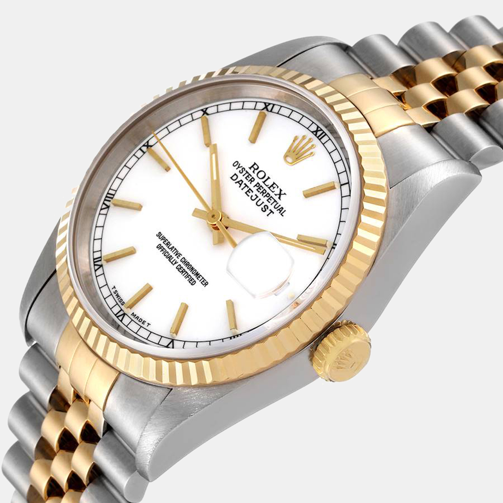 Rolex White 18k Yellow Gold And Stainless Steel Datejust 16233 Automatic Men's Wristwatch 36 mm 
Rolex White 18k Yellow Gold And Stainless Steel Datejust 16233 Automatic Men's Wristwatch 36 mm