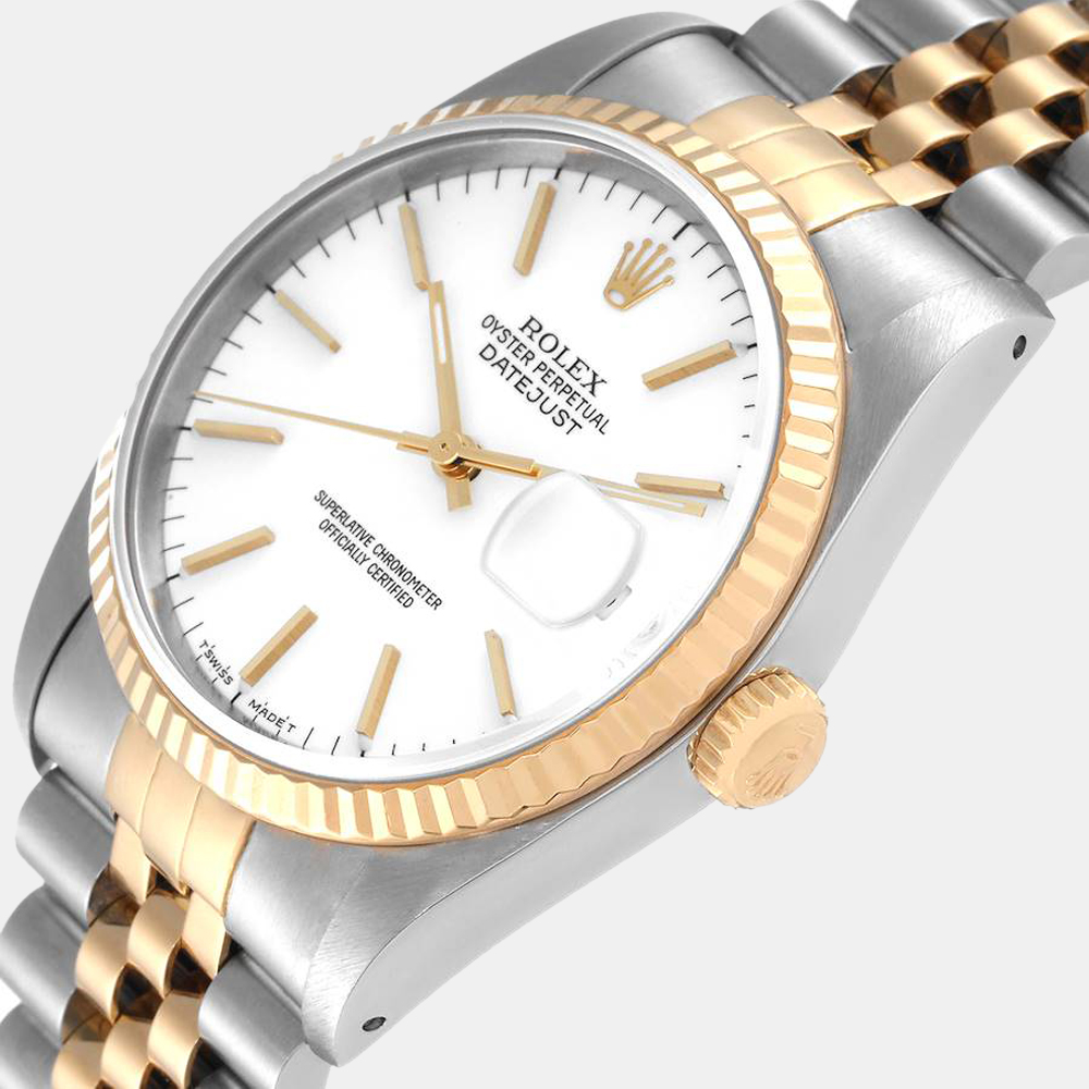 Rolex White 18k Yellow Gold And Stainless Steel Datejust 16233 Automatic Men's Wristwatch 36 mm
Rolex White 18k Yellow Gold And Stainless Steel Datejust 16233 Automatic Men's Wristwatch 36 mm