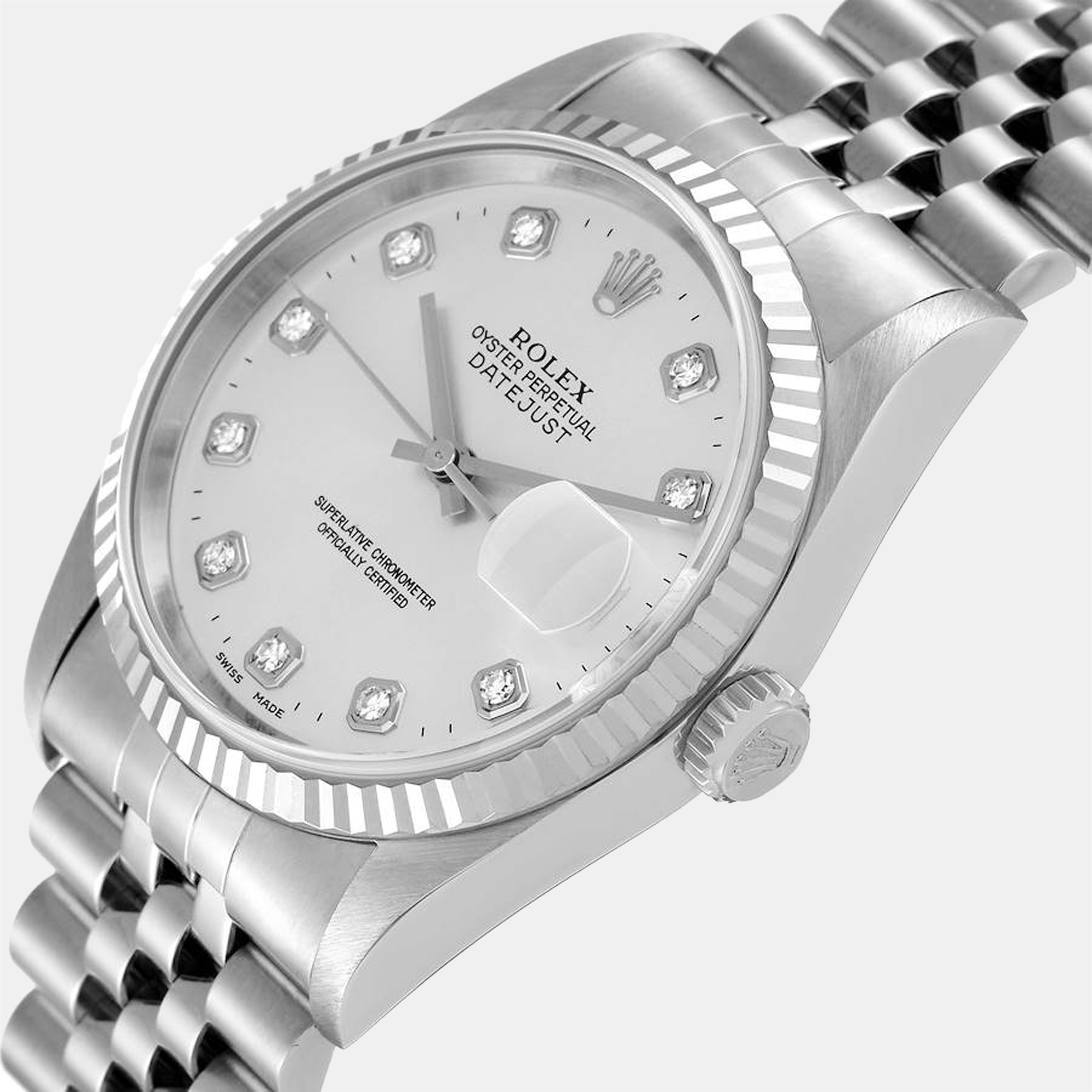 Rolex Silver Diamonds Stainless Steel Datejust 16234 Men's Wristwatch 36 mm
Rolex Silver Diamonds Stainless Steel Datejust 16234 Men's Wristwatch 36 mm