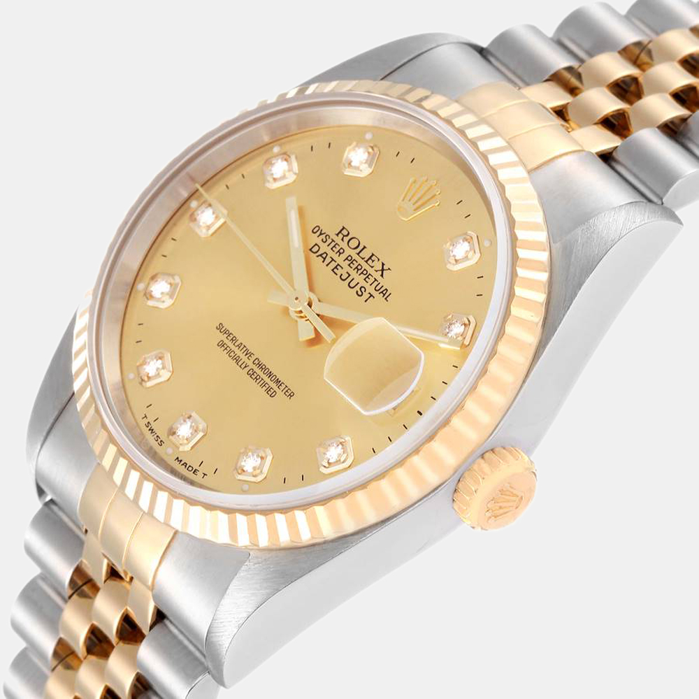 Rolex Champagne Diamond 18k Yellow Gold And Stainless Steel Datejust 16233 Automatic Men's Wristwatch 36 mm
Rolex Champagne Diamond 18k Yellow Gold And Stainless Steel Datejust 16233 Automatic Men's Wristwatch 36 mm