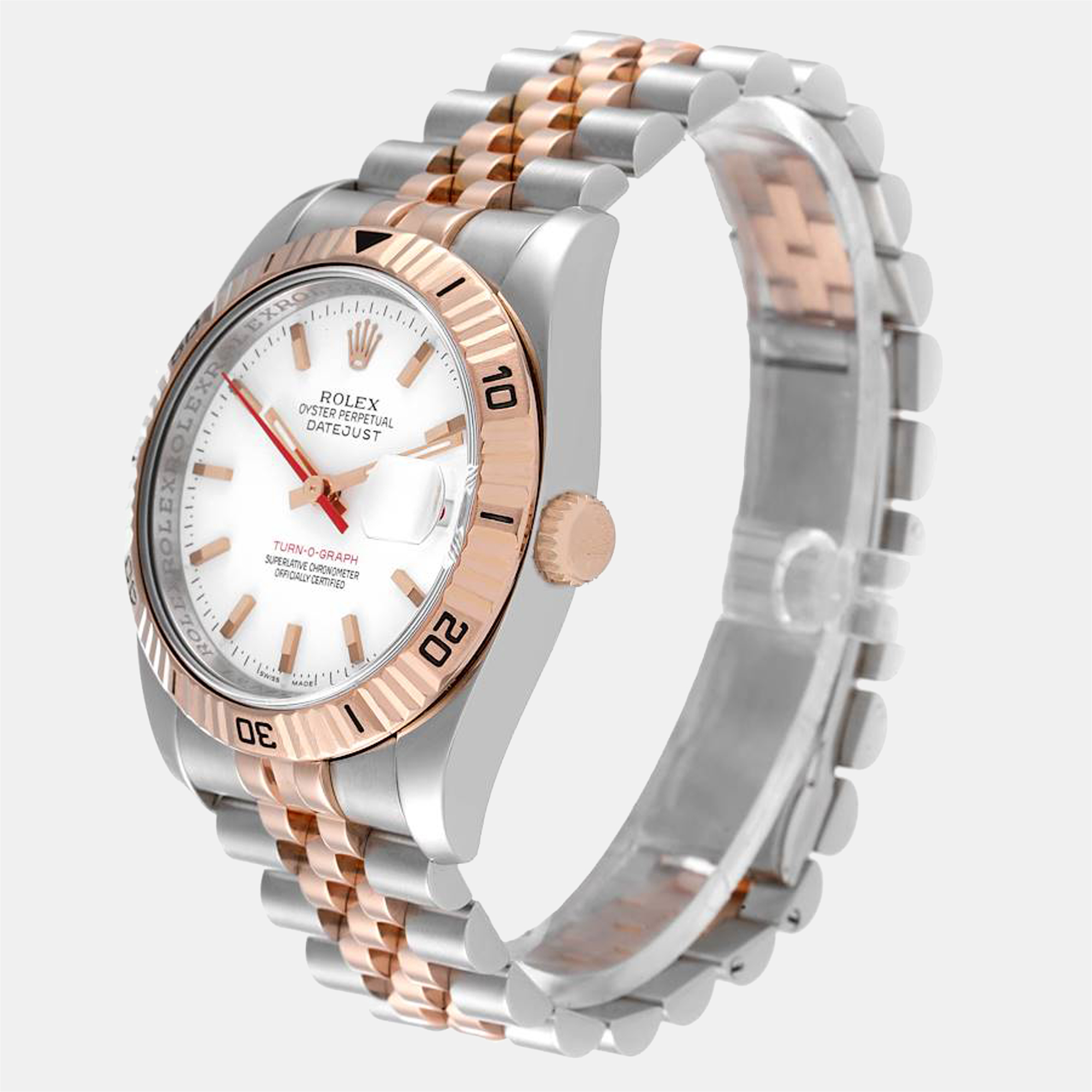 Rolex White 18K Rose Gold And Stainless Steel Datejust Turnograph 116261 Automatic Men's Wristwatch 36 Mm
