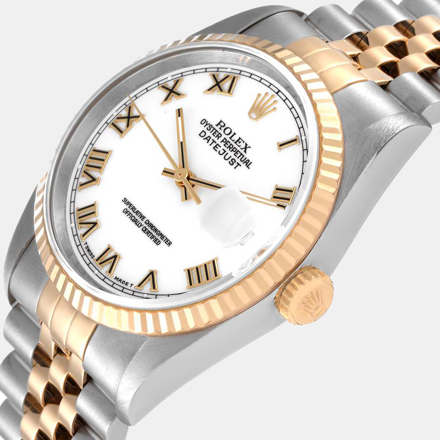Rolex White 18k Yellow Gold And Stainless Steel Datejust 16233 Automatic Men's Wristwatch 36 mm
Rolex White 18k Yellow Gold And Stainless Steel Datejust 16233 Automatic Men's Wristwatch 36 mm