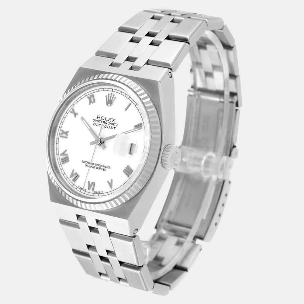 Rolex White Stainless Steel Oysterquartz Datejust 17014 Quartz Men's Wristwatch 36 Mm