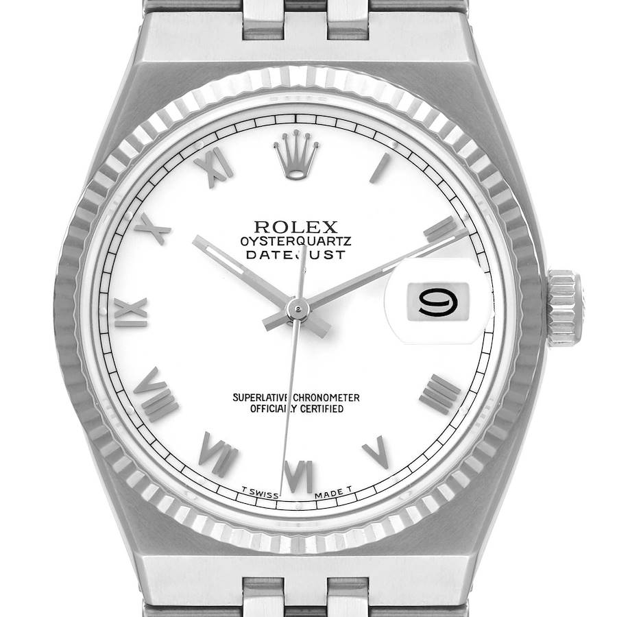 Rolex White Stainless Steel Oysterquartz Datejust 17014 Quartz Men's Wristwatch 36 Mm