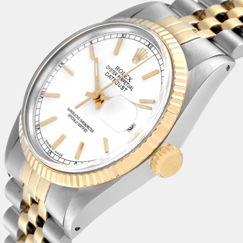 Rolex White 18k Yellow Gold And Stainless Steel Datejust 16013 Automatic Men's Wristwatch 36 mm
Rolex White 18k Yellow Gold And Stainless Steel Datejust 16013 Automatic Men's Wristwatch 36 mm