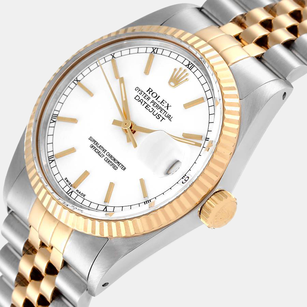 Rolex White 18k Yellow Gold And Stainless Steel Datejust 16013 Automatic Men's Wristwatch 36 mm
Rolex White 18k Yellow Gold And Stainless Steel Datejust 16013 Automatic Men's Wristwatch 36 mm