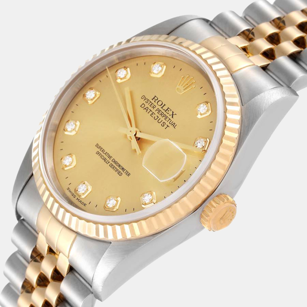 Rolex Champagne Diamond 18k Yellow Gold And Stainless Steel Datejust 16233 Automatic Men's Wristwatch 36 mm
Rolex Champagne Diamond 18k Yellow Gold And Stainless Steel Datejust 16233 Automatic Men's Wristwatch 36 mm