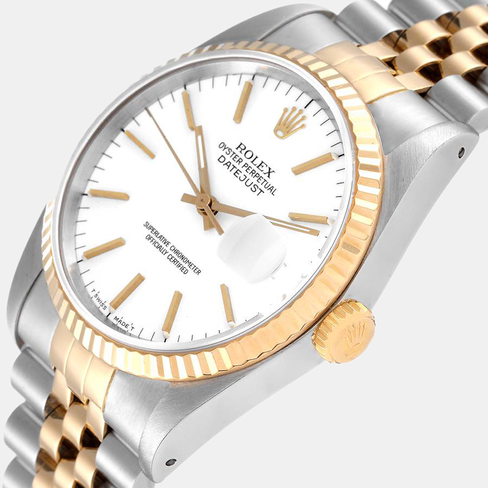 Rolex White 18k Yellow Gold And Stainless Steel Datejust 16233 Automatic Men's Wristwatch 36 mm
Rolex White 18k Yellow Gold And Stainless Steel Datejust 16233 Automatic Men's Wristwatch 36 mm
