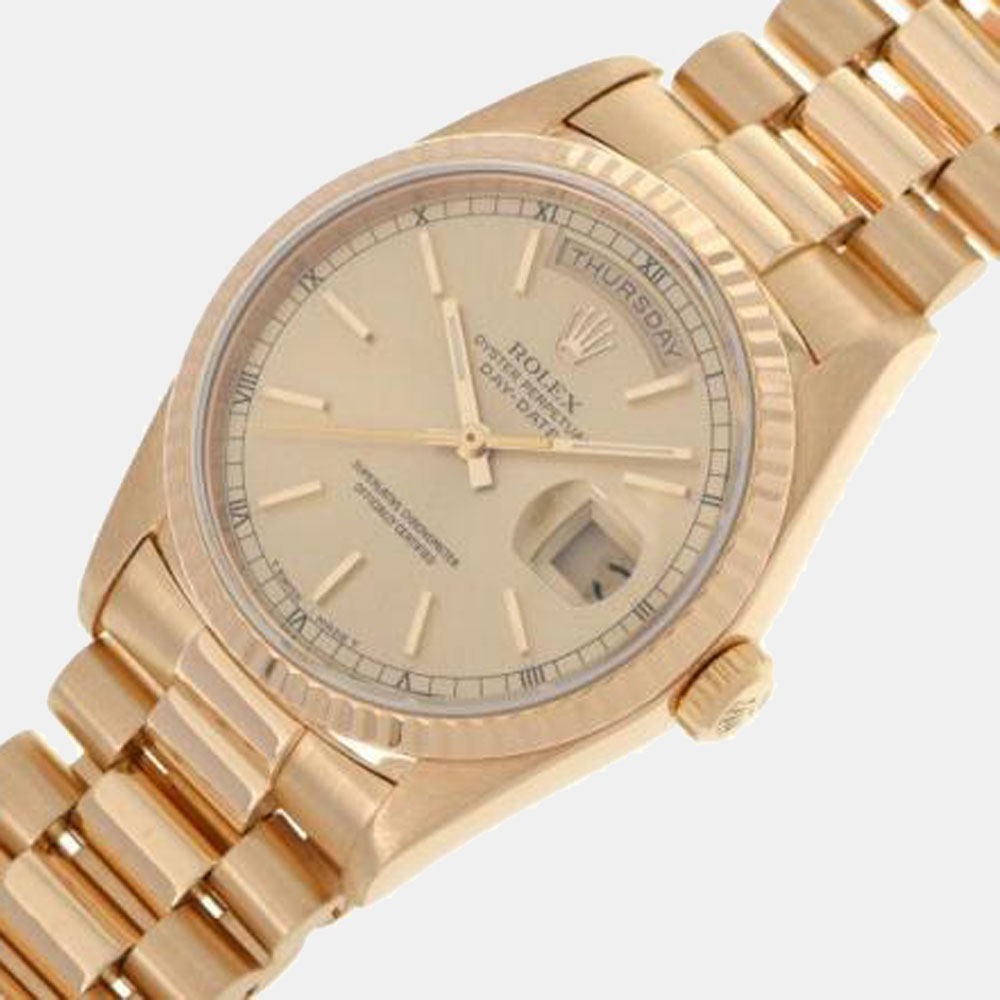 Rolex Champagne 18k Yellow Gold Day-Date 18238 Automatic Men's Wristwatch 36 mm
Rolex Champagne 18k Yellow Gold Day-Date 18238 Automatic Men's Wristwatch 36 mm
