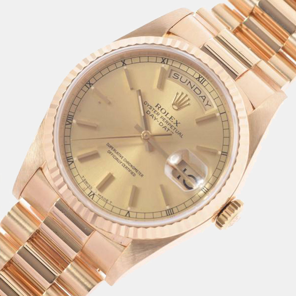 Rolex Champagne 18k Yellow Gold Day-Date 18238 Automatic Men's Wristwatch 36 mm
Rolex Champagne 18k Yellow Gold Day-Date 18238 Automatic Men's Wristwatch 36 mm