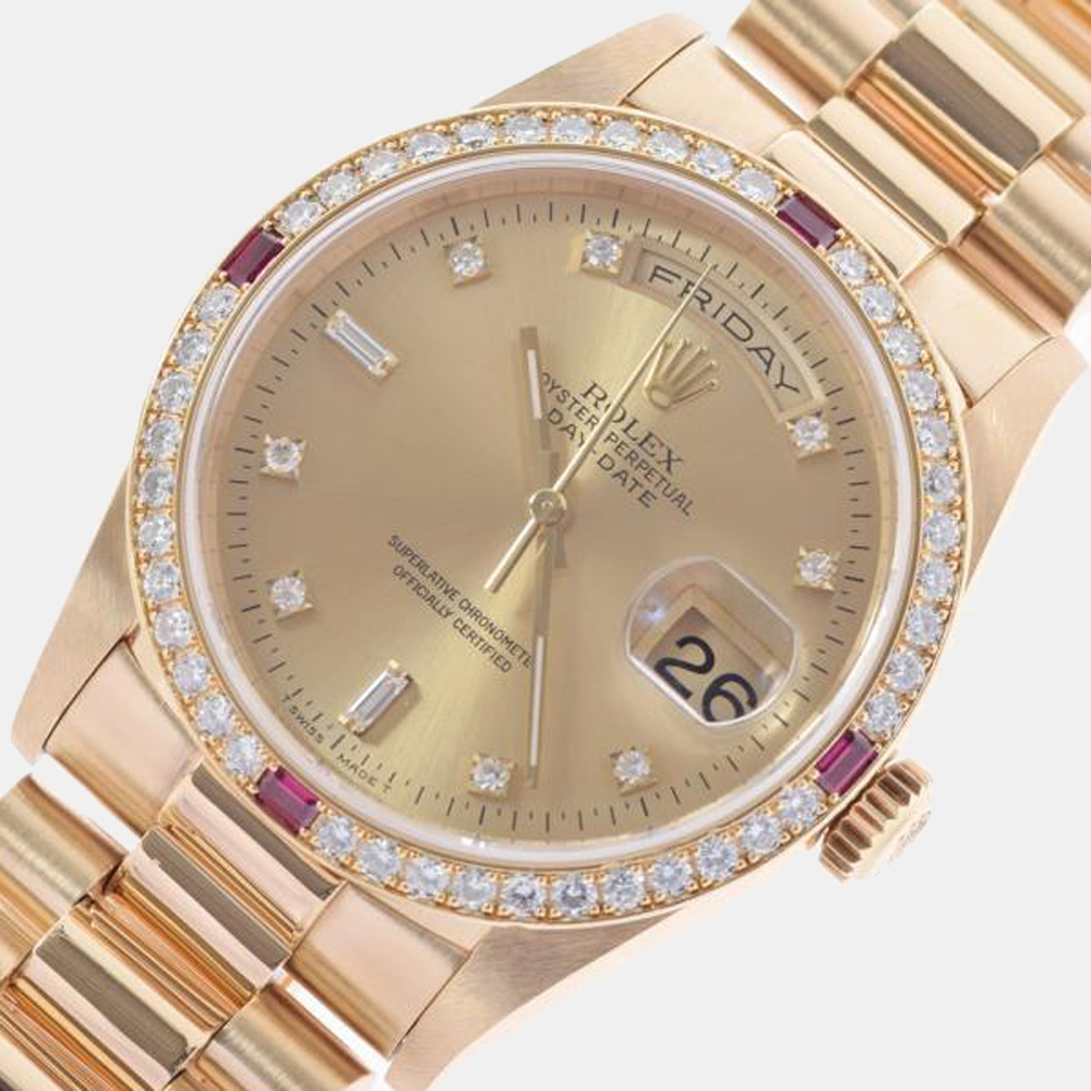 Rolex Champagne Diamond 18k Yellow Gold Day-Date 18378A Automatic Men's Wristwatch 36 mm
Rolex Champagne Diamond 18k Yellow Gold Day-Date 18378A Automatic Men's Wristwatch 36 mm