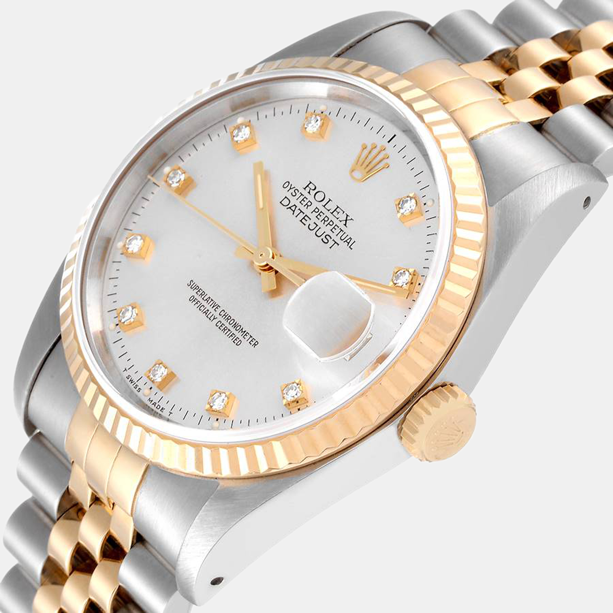 Rolex Silver Diamond 18k Yellow Gold And Stainless Steel Datejust 16233 Automatic Men's Wristwatch 36 mm
Rolex Silver Diamond 18k Yellow Gold And Stainless Steel Datejust 16233 Automatic Men's Wristwatch 36 mm