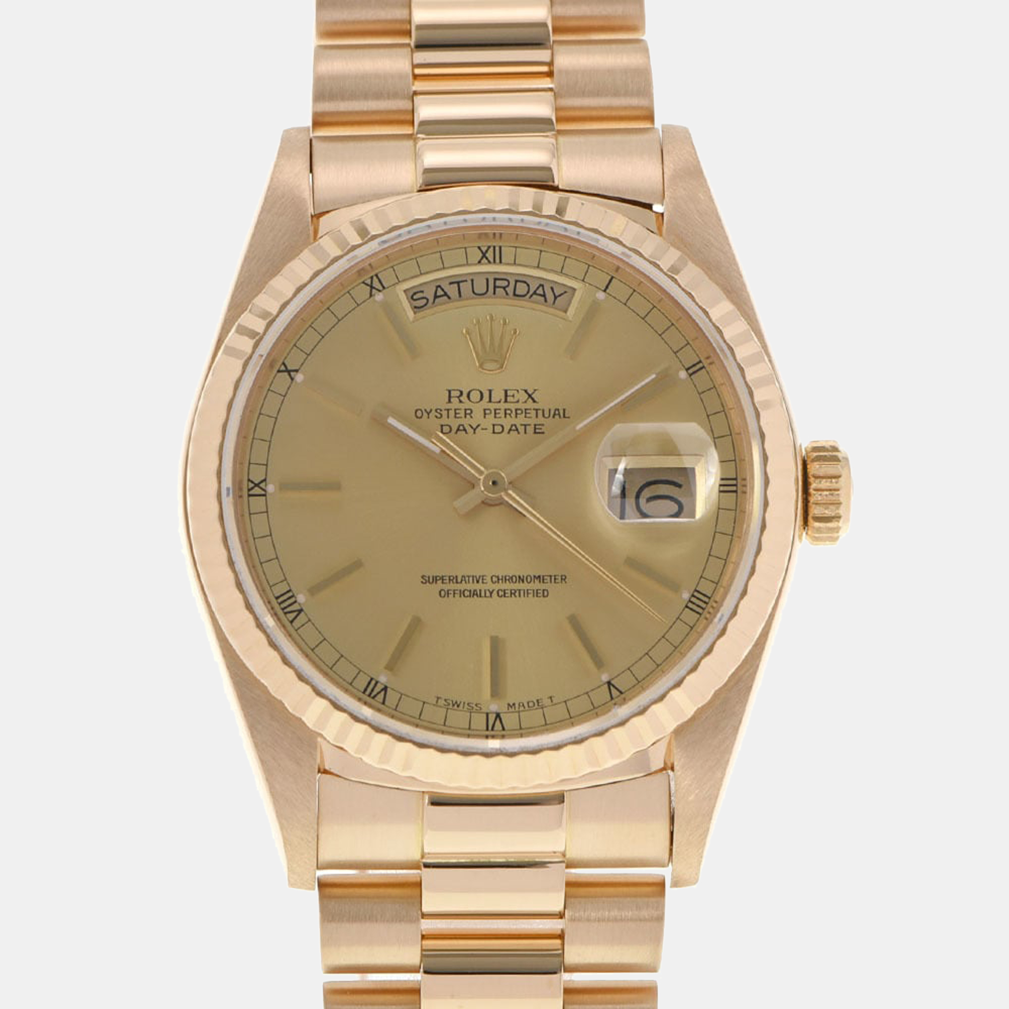 Rolex Champagne 18k Yellow Gold Day-Date 18038 Automatic Men's Wristwatch 36 Mm