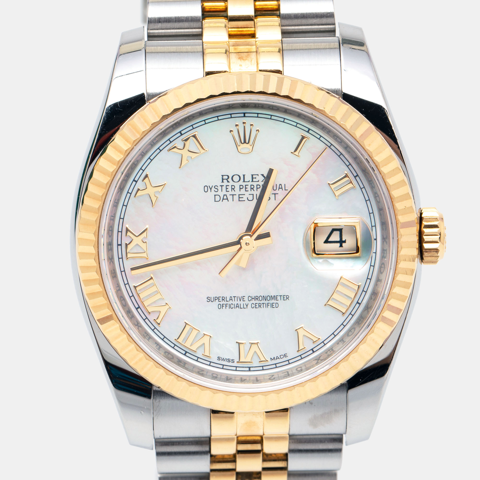 Rolex White Mother Of Pearl 18K Yellow Gold Stainless Steel Datejust 116233 Men's Wristwatch 36 Mm