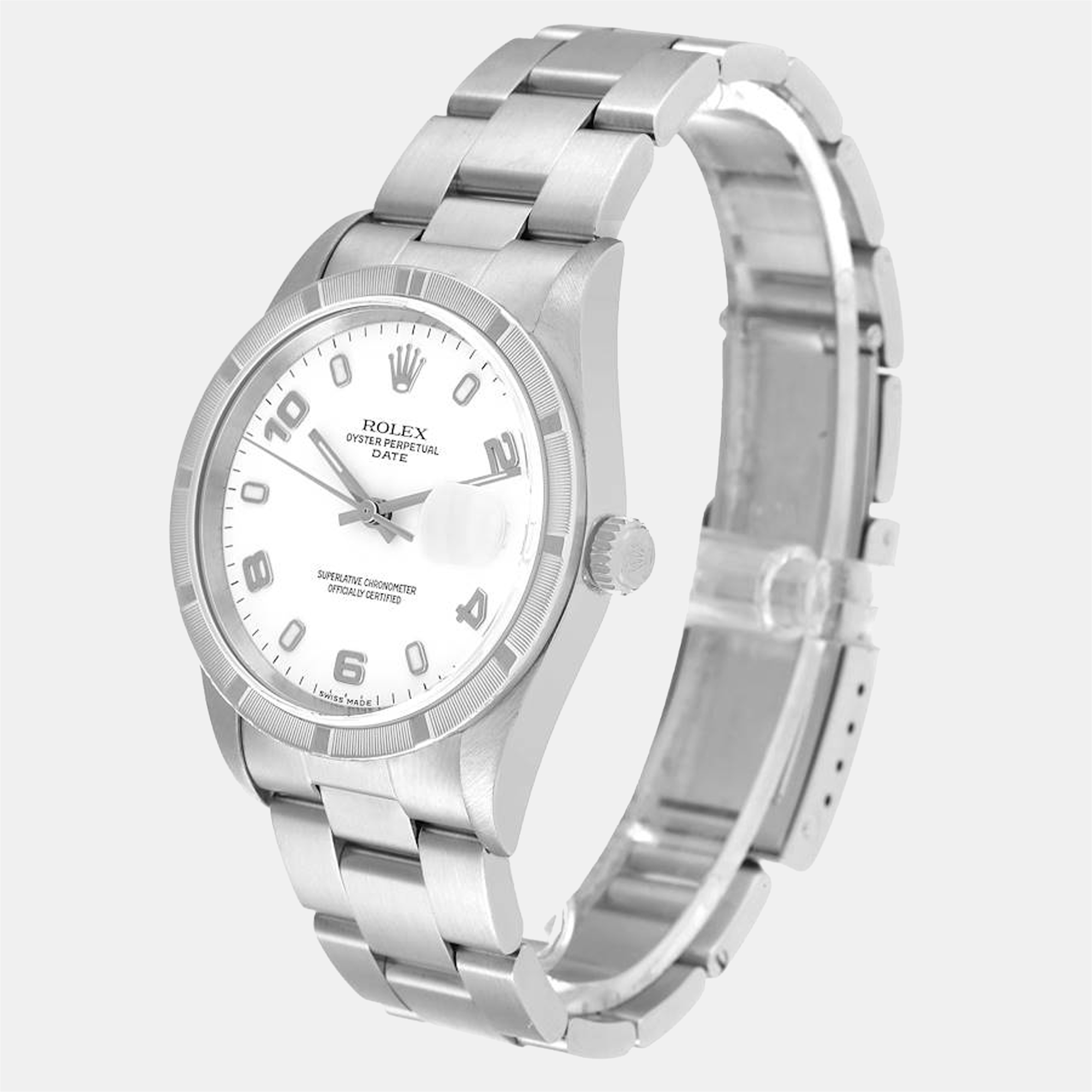 Rolex White Stainless Steel Oyster Perpetual Date 15210 Automatic Men's Wristwatch 34 Mm