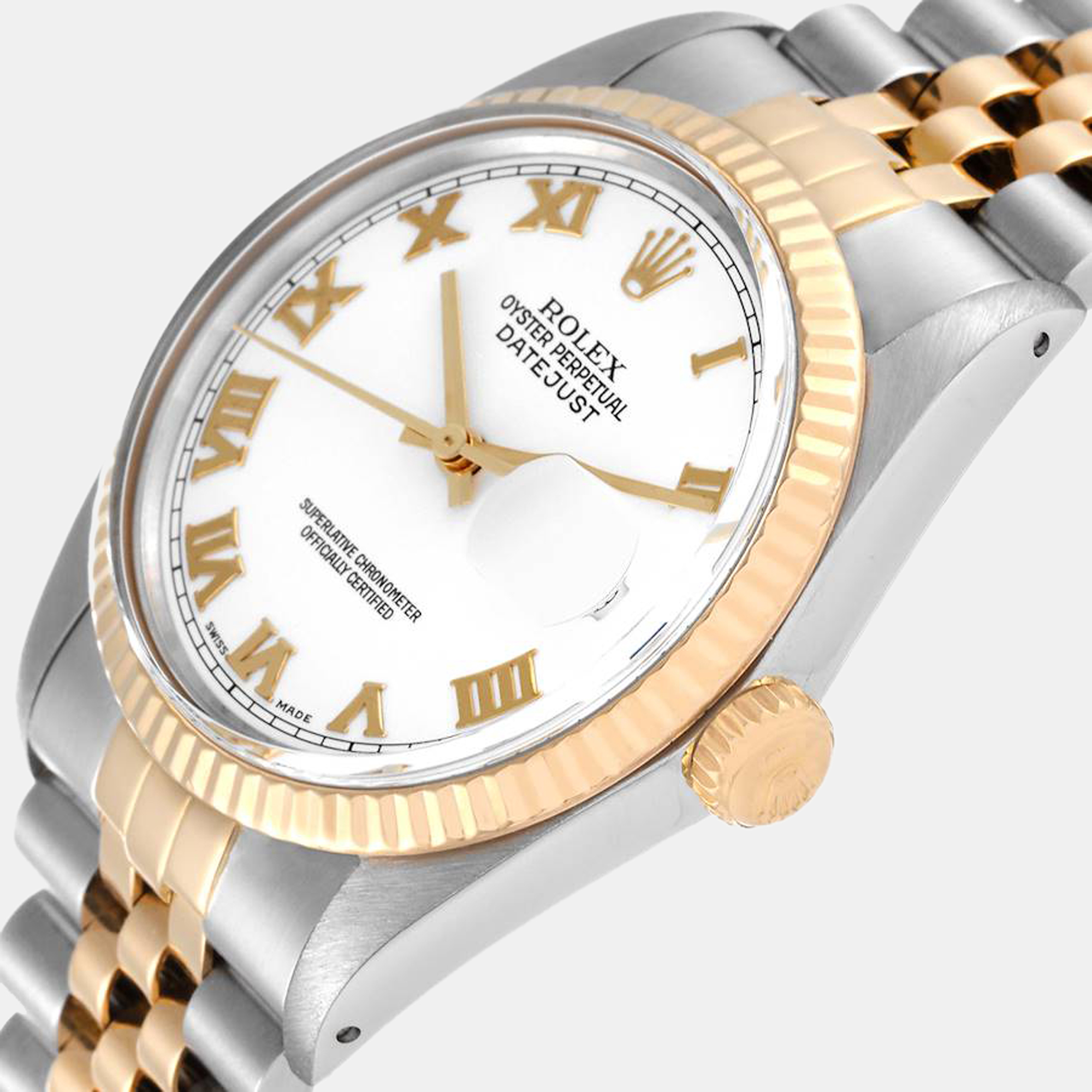 Rolex White 18k Yellow Gold And Stainless Steel Datejust 16013 Automatic Men's Wristwatch 36 mm
Rolex White 18k Yellow Gold And Stainless Steel Datejust 16013 Automatic Men's Wristwatch 36 mm