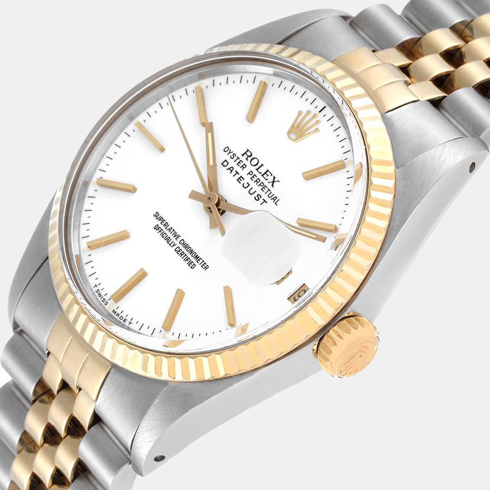 Rolex White 18k Yellow Gold And Stainless Steel Datejust 16013 Automatic Men's Wristwatch 36 mm
Rolex White 18k Yellow Gold And Stainless Steel Datejust 16013 Automatic Men's Wristwatch 36 mm