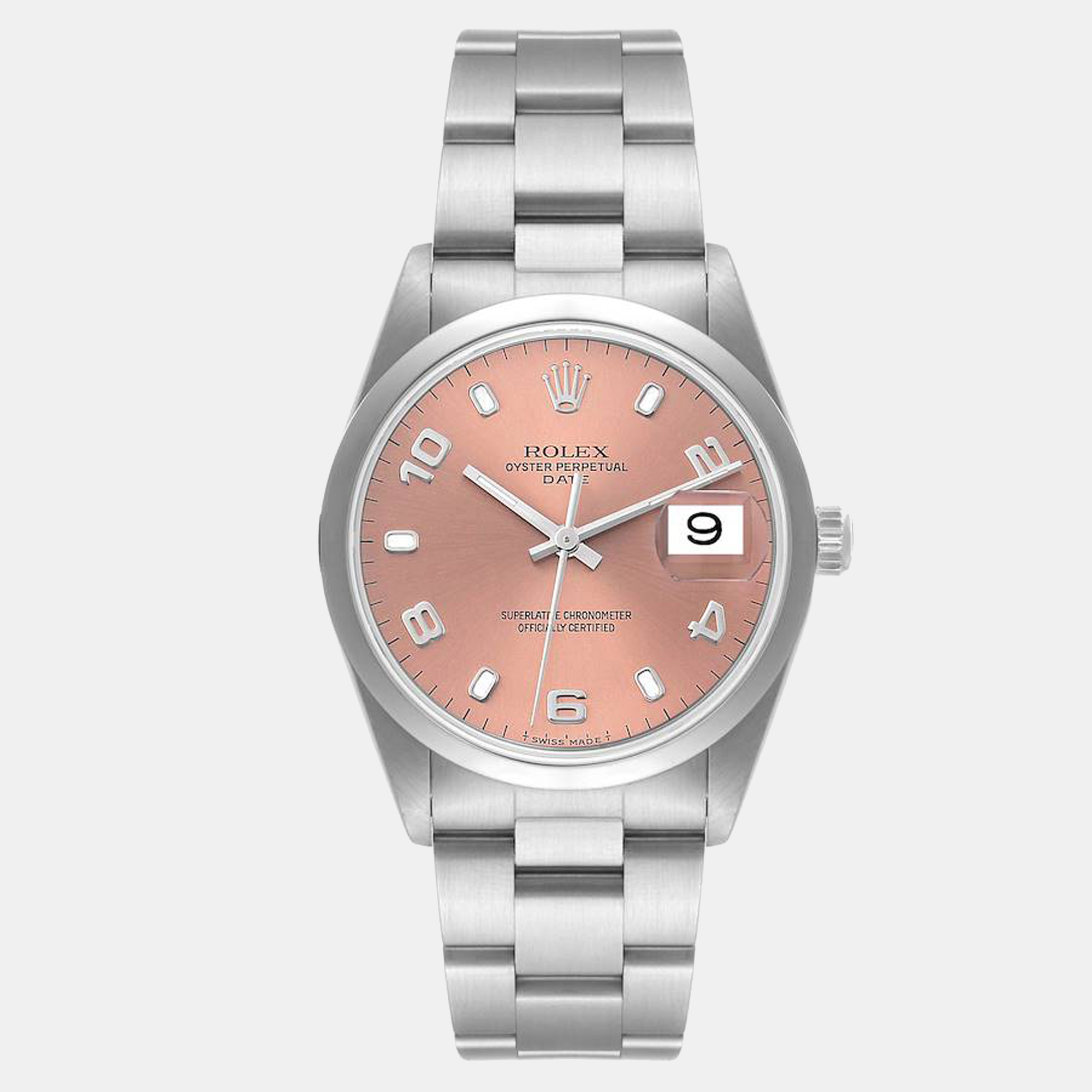 Rolex pink stainless steel oyster perpetual date 15200 men's wristwatch 34 mm