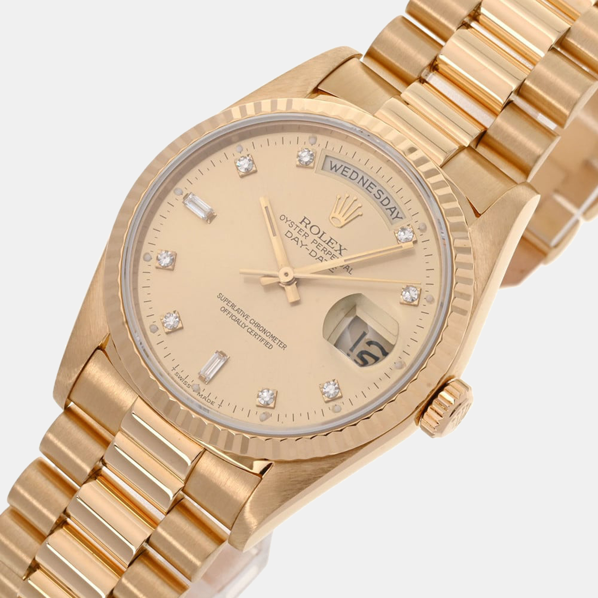 Rolex Champagne Diamonds 18k Yellow Gold Day Date President 18238A Automatic Men's Wristwatch 36 mm
Rolex Champagne Diamonds 18k Yellow Gold Day Date President 18238A Automatic Men's Wristwatch 36 mm