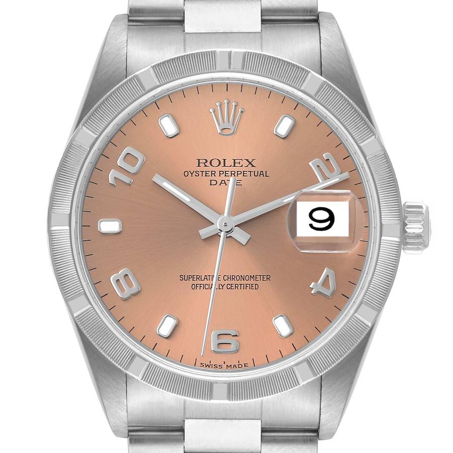 Rolex Salmon Stainless Steel Oyster Perpetual Date 15210 Men's Wristwatch 34 Mm