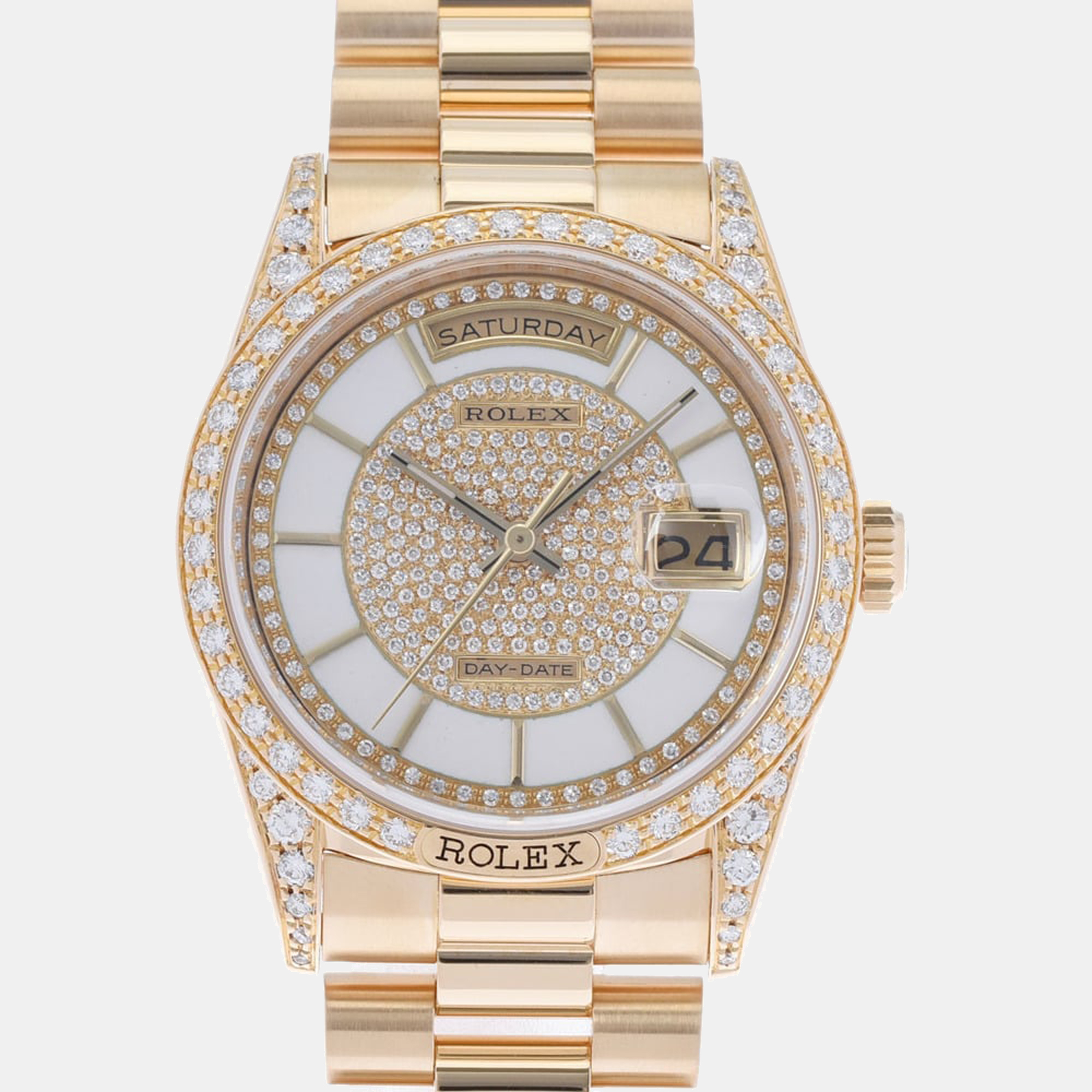 Rolex White Diamonds 18K Yellow Gold Day Date President 18388 Men's Wristwatch 36 Mm