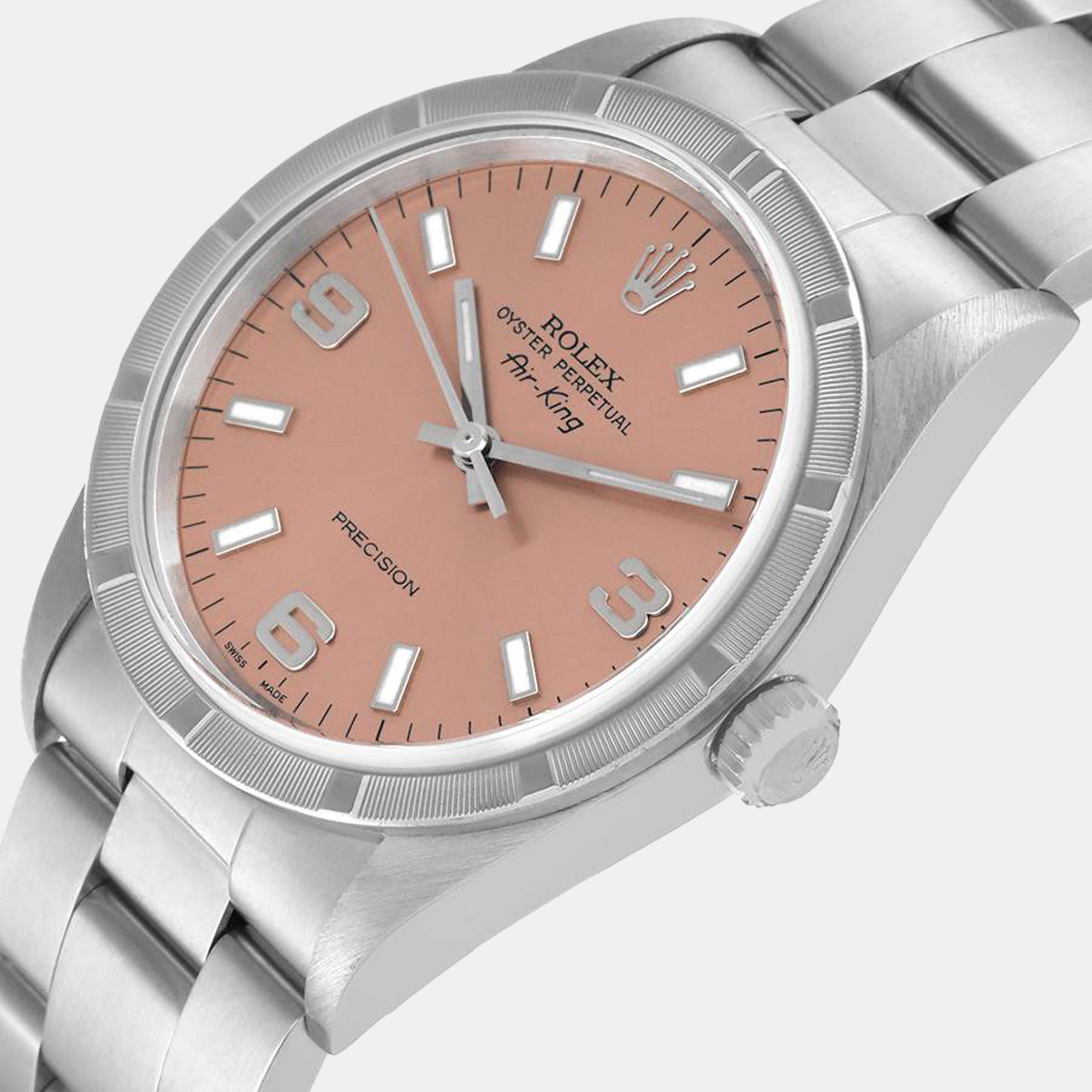 Rolex Air King 34 Salmon Dial Engine Turned Bezel Steel Men's Watch, Pink
Rolex Air King 34 Salmon Dial Engine Turned Bezel Steel Men's Watch, Pink
