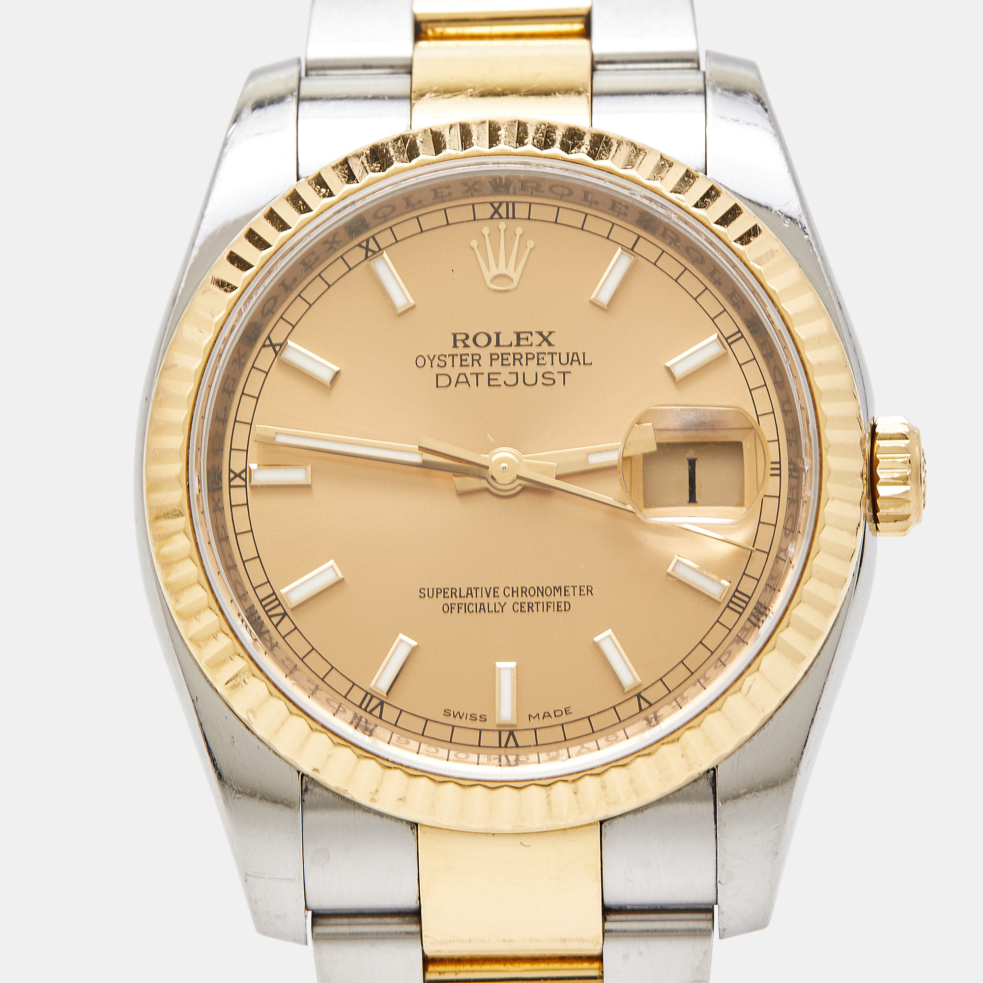 Rolex Champagne 18K Yellow Gold Stainless Steel Oyster Perpetual Datejust 116233-0172 Men's Wristwatch 36 Mm