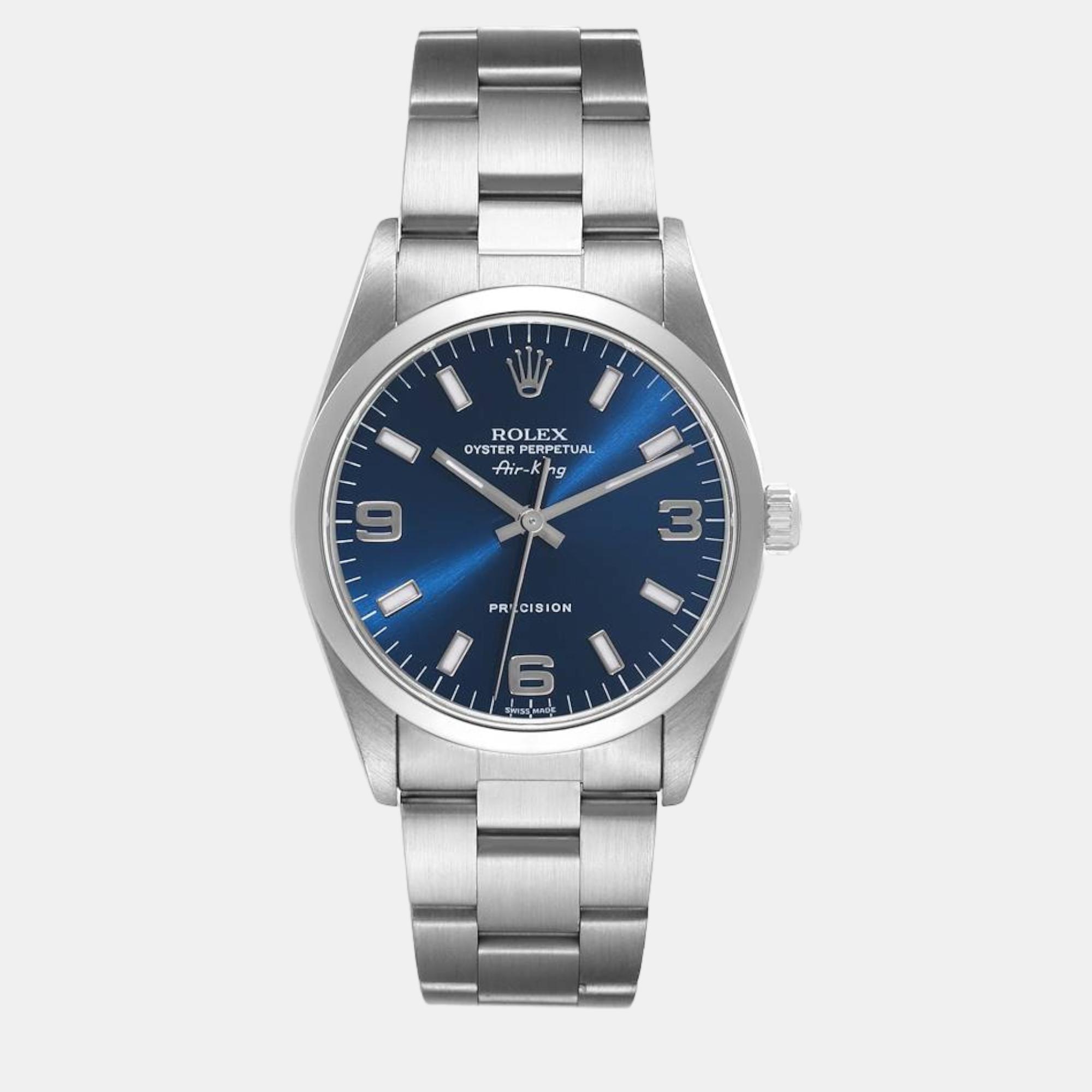 Rolex air king 34mm blue dial smooth bezel steel mens watch 14000