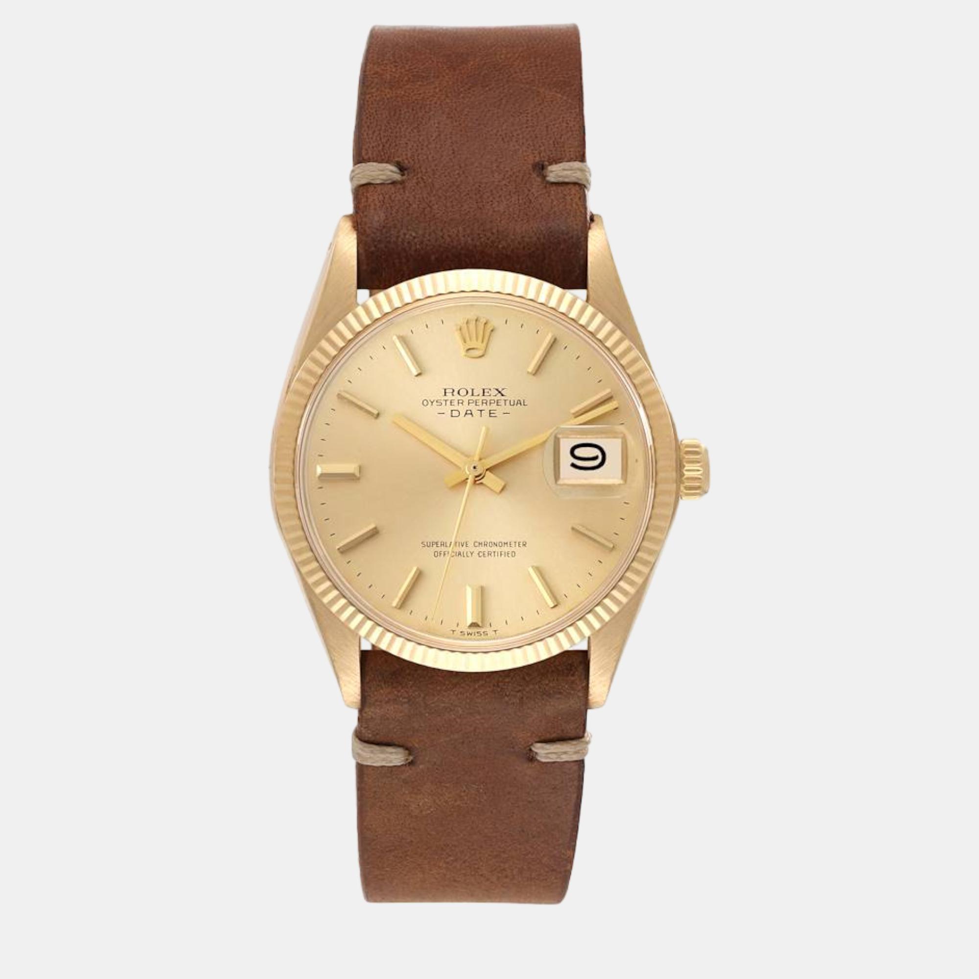 Rolex Date Yellow Gold Leather Strap Automatic Vintage Mens Watch 1503