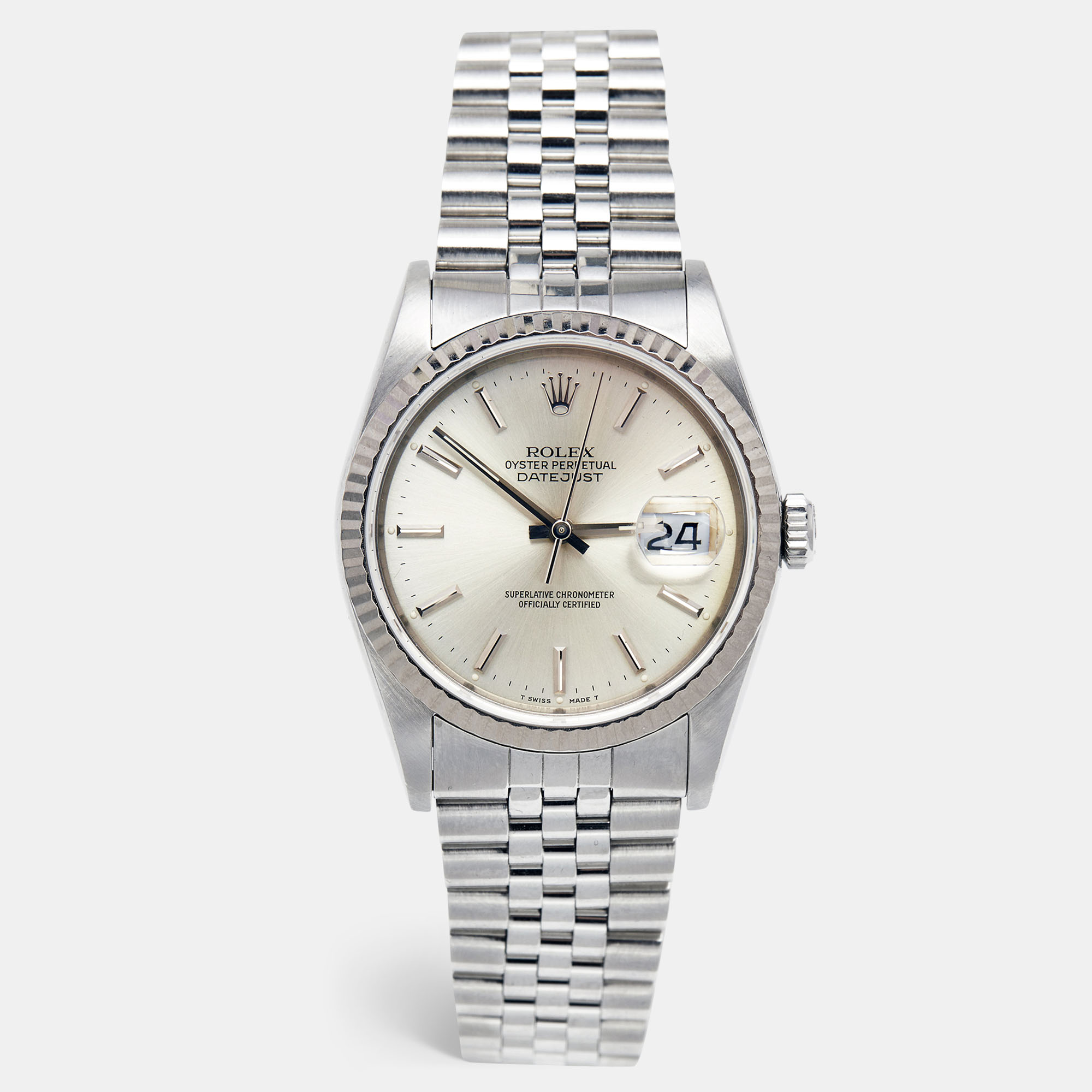 Rolex Silver 18k White Gold Stainless Steel Datejust 16234 Men's Wristwatch 36 Mm