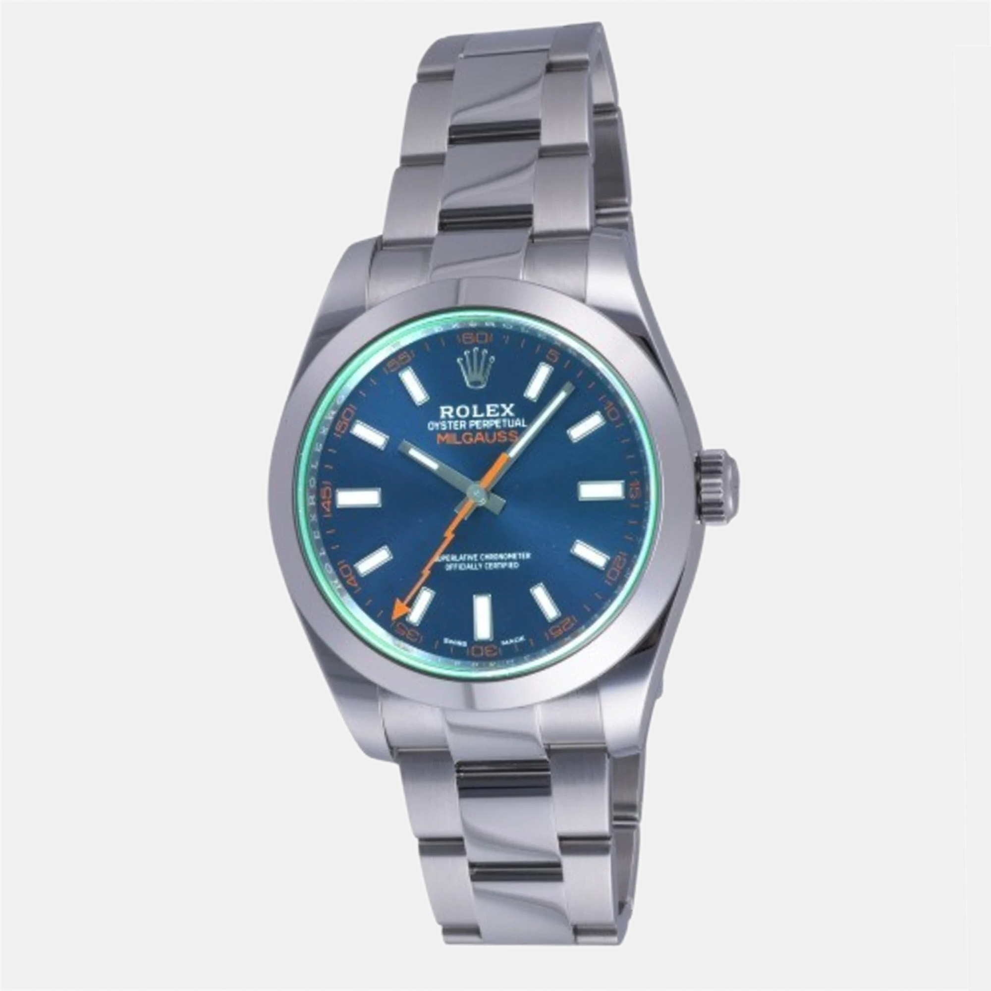 Rolex blue stainless steel milgauss 116400gv automatic men's wristwatch 40 mm