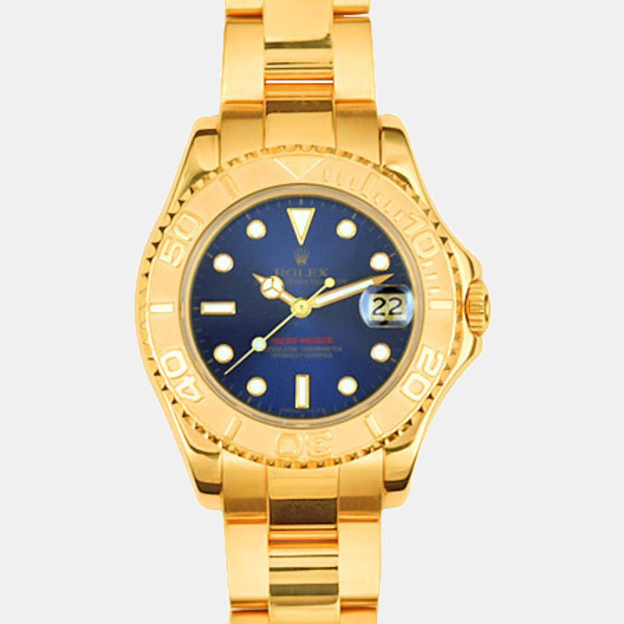 Rolex Blue 18k Yellow Gold Yacht-Master 68628 Automatic Men's Wristwatch 37 Mm