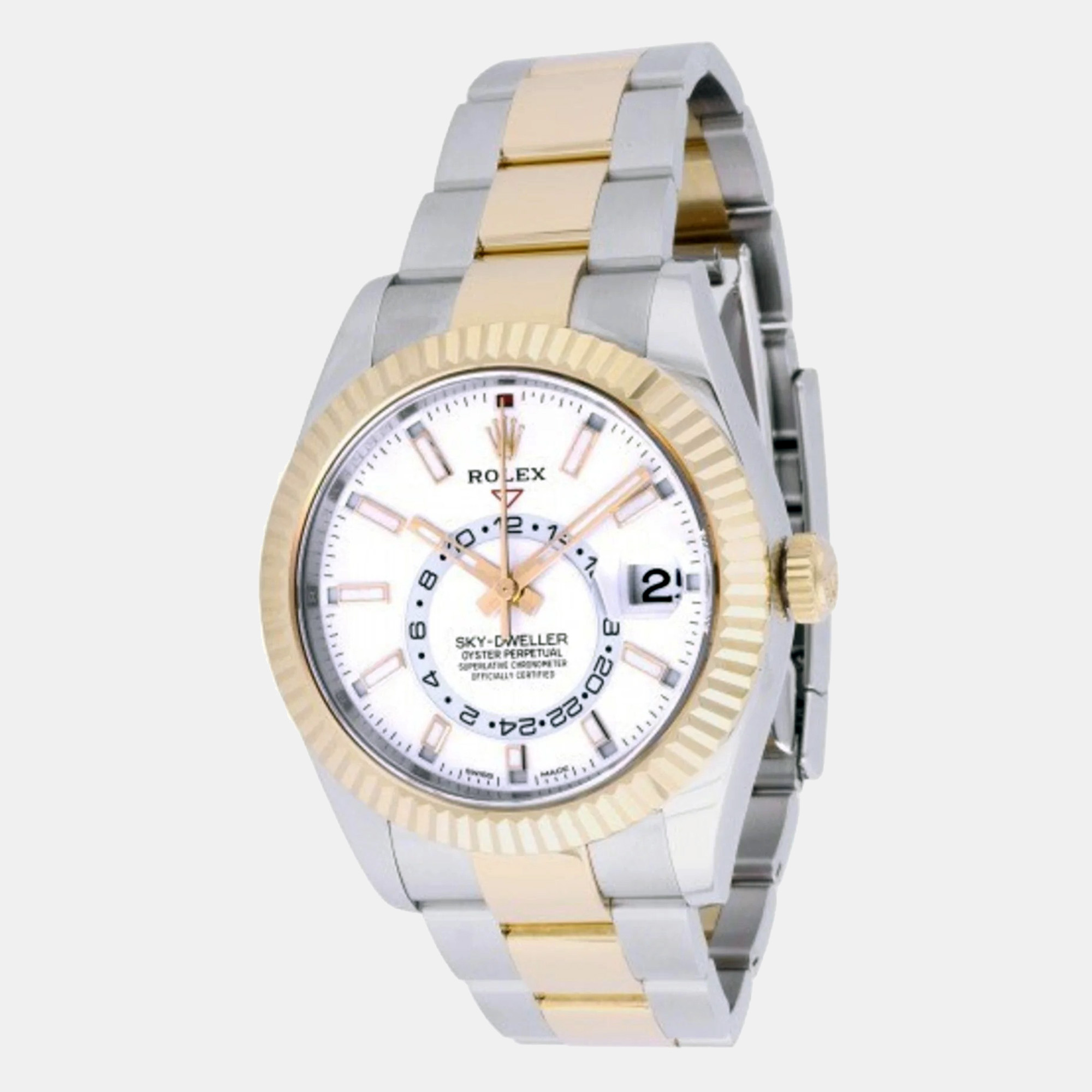 Rolex White 18k Yellow Gold And Stainless Steel Sky-Dweller 326933 Automatic Men's Wristwatch 42 Mm
