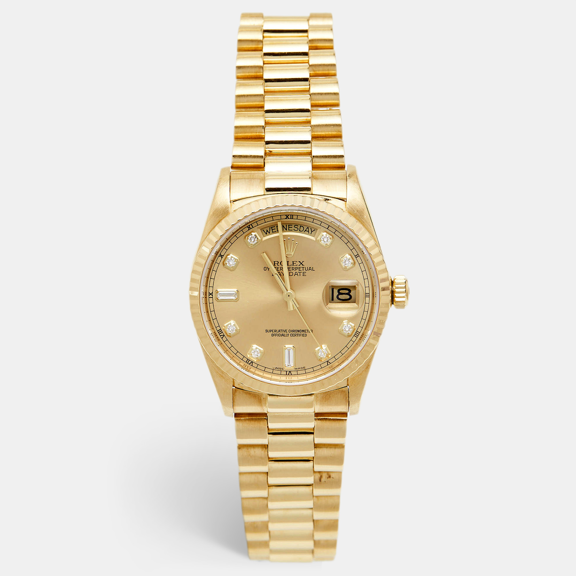 Rolex Champagne Diamond 18K Yellow Gold Day-Date President 18038 Men's Wristwatch 36 Mm