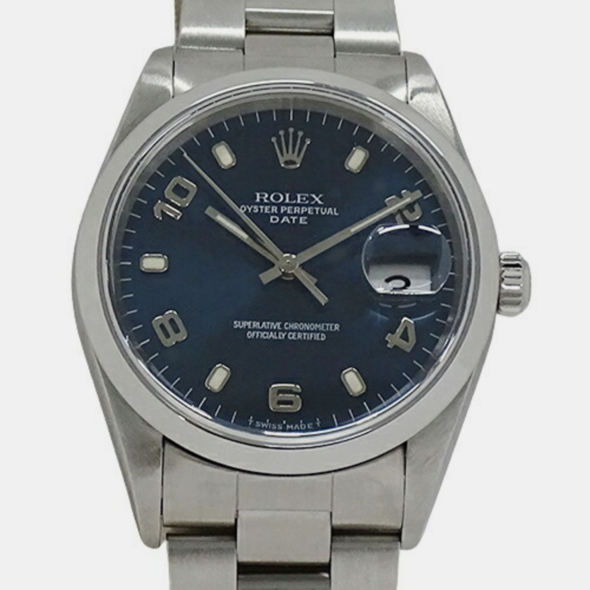 Rolex Blue Stainless Steel Oyster Perpetual 15200 Automatic Men's Wristwatch 34 Mm