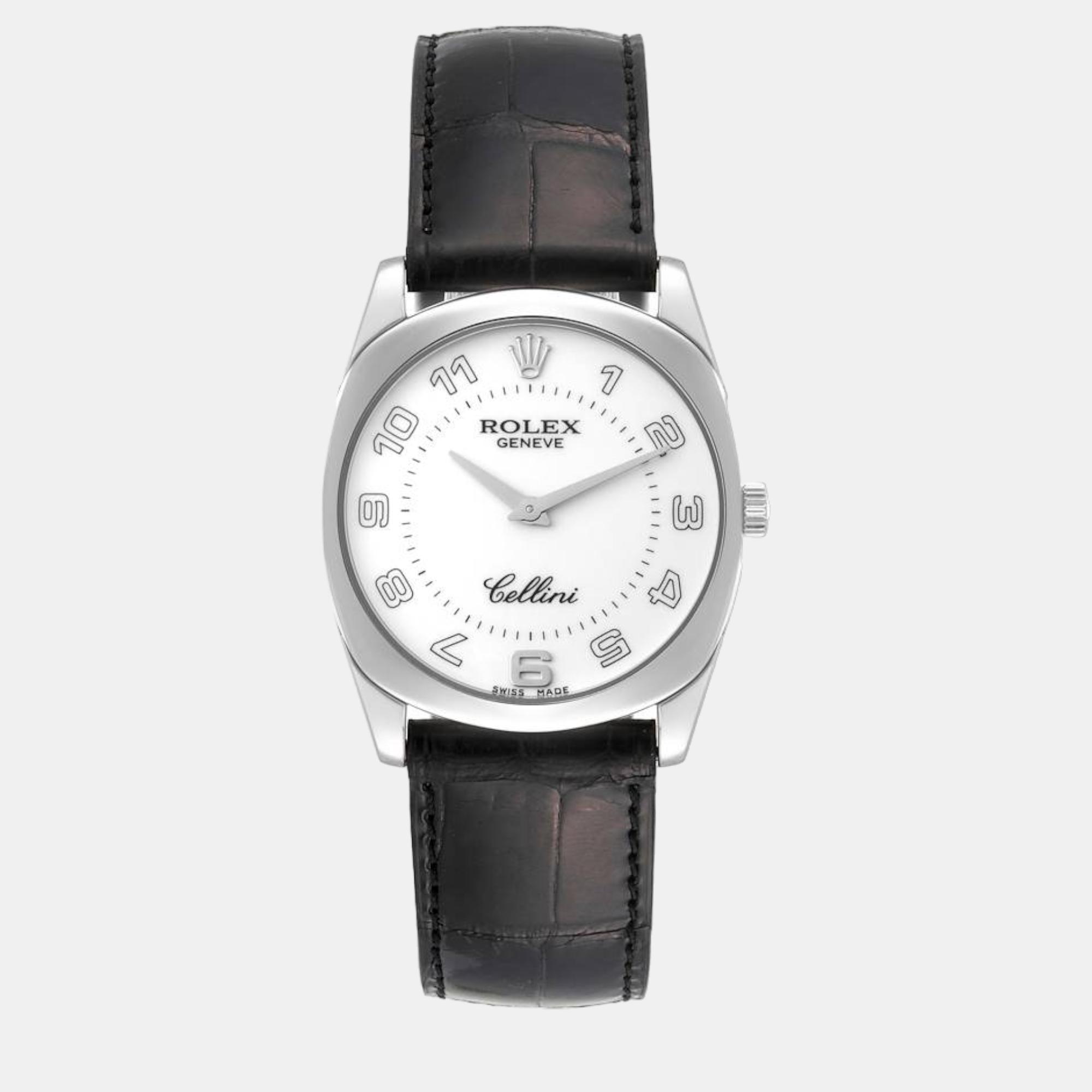 Rolex Cellini Danaos White Gold Black Strap Mens Watch 4233