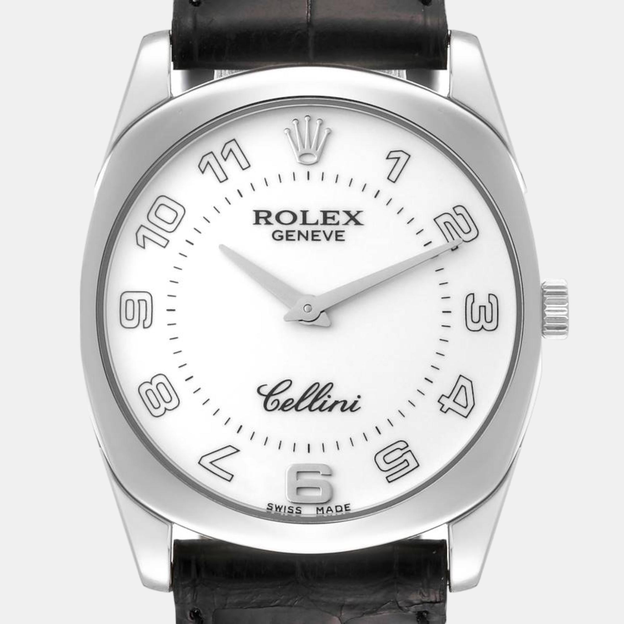 Rolex Cellini Danaos White Gold Black Strap Mens Watch 4233