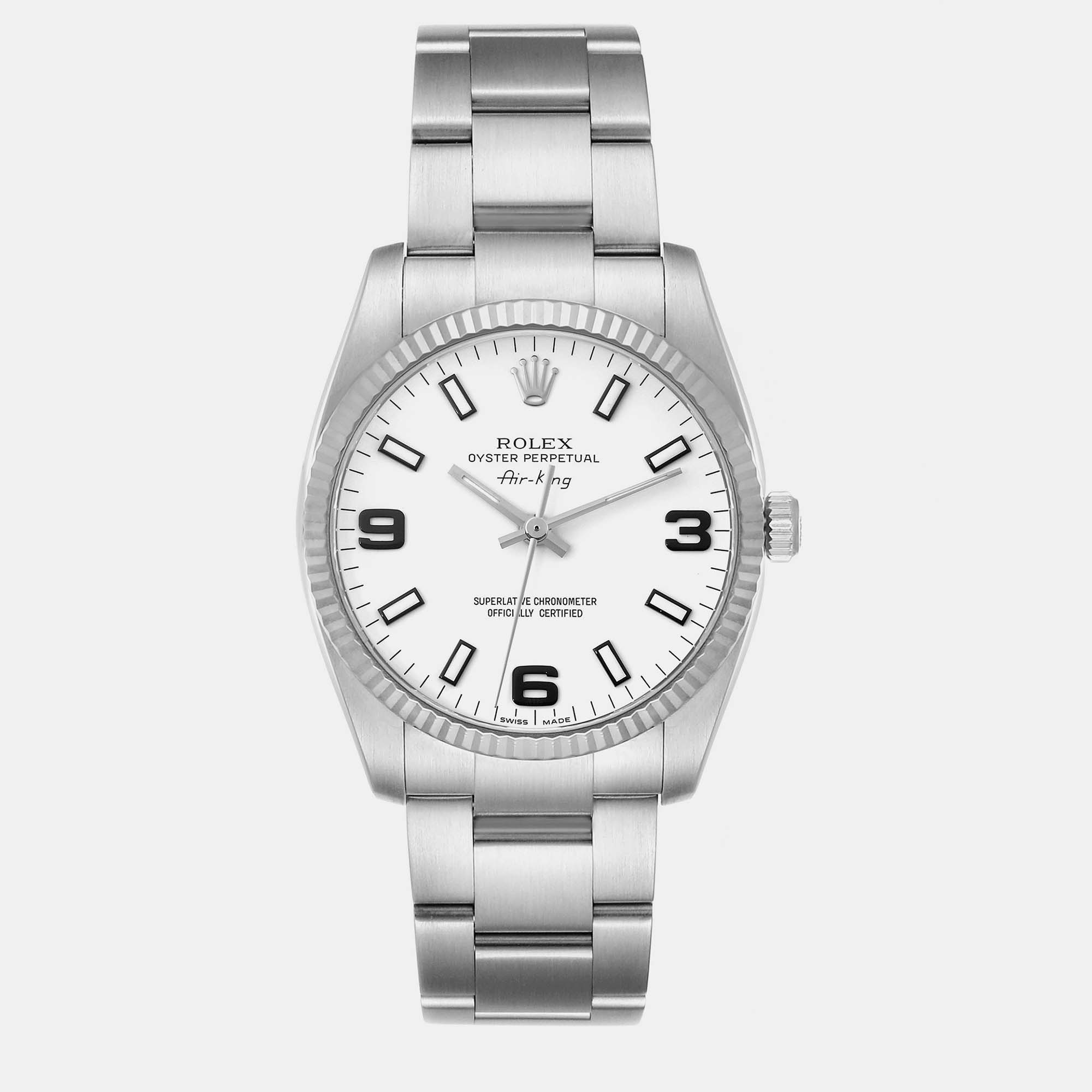 Rolex Air King Steel White Gold Fluted Bezel Men's Watch 114234 34 Mm