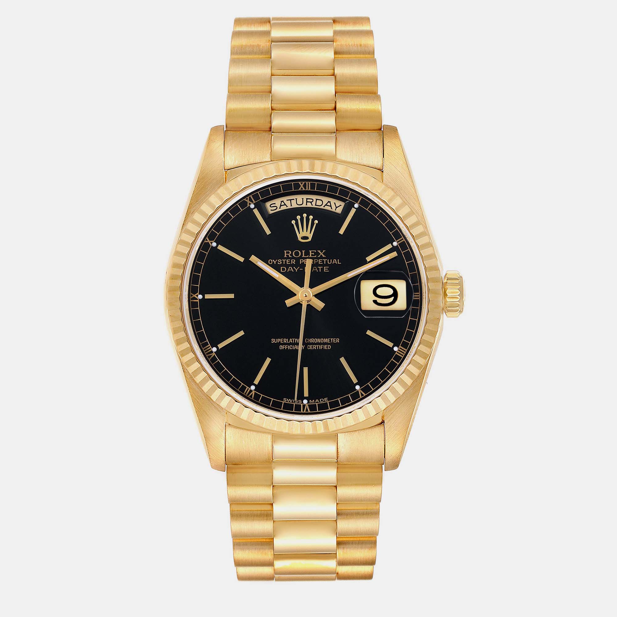 Rolex President Day-Date Yellow Gold Black Dial Men's Watch 18238 36 Mm