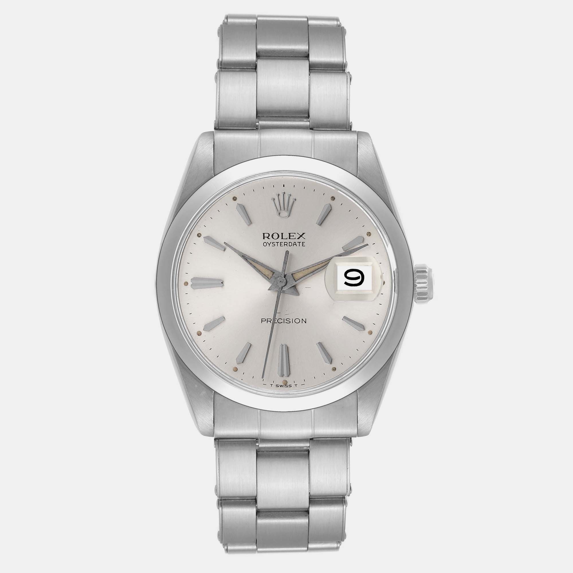 Rolex OysterDate Precision Silver Dial Steel Vintage Men's Watch 6694 35 Mm